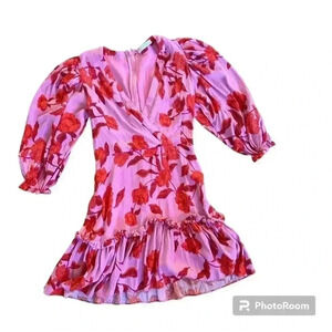 Karlie Floral Wrap Front Puff Sleeve Dress Hibiscus Print Size Small